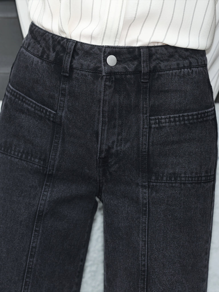 Washed Black Seam Detailed Trumpet Jeans