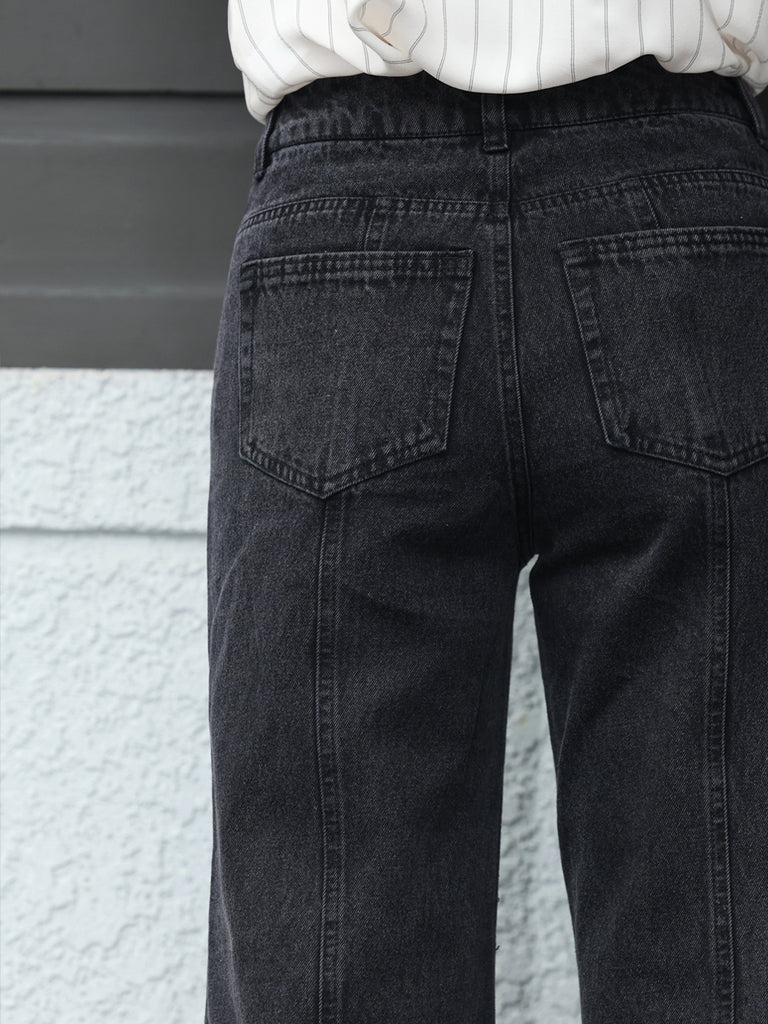 Washed Black Seam Detailed Trumpet Jeans