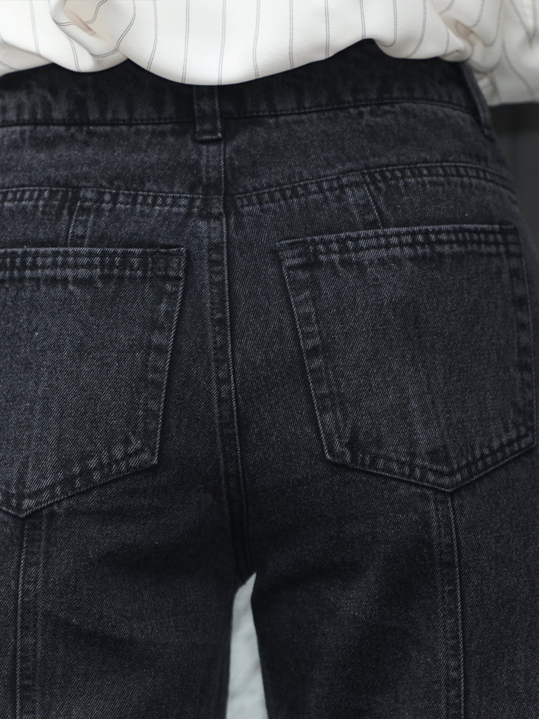 Washed Black Seam Detailed Trumpet Jeans