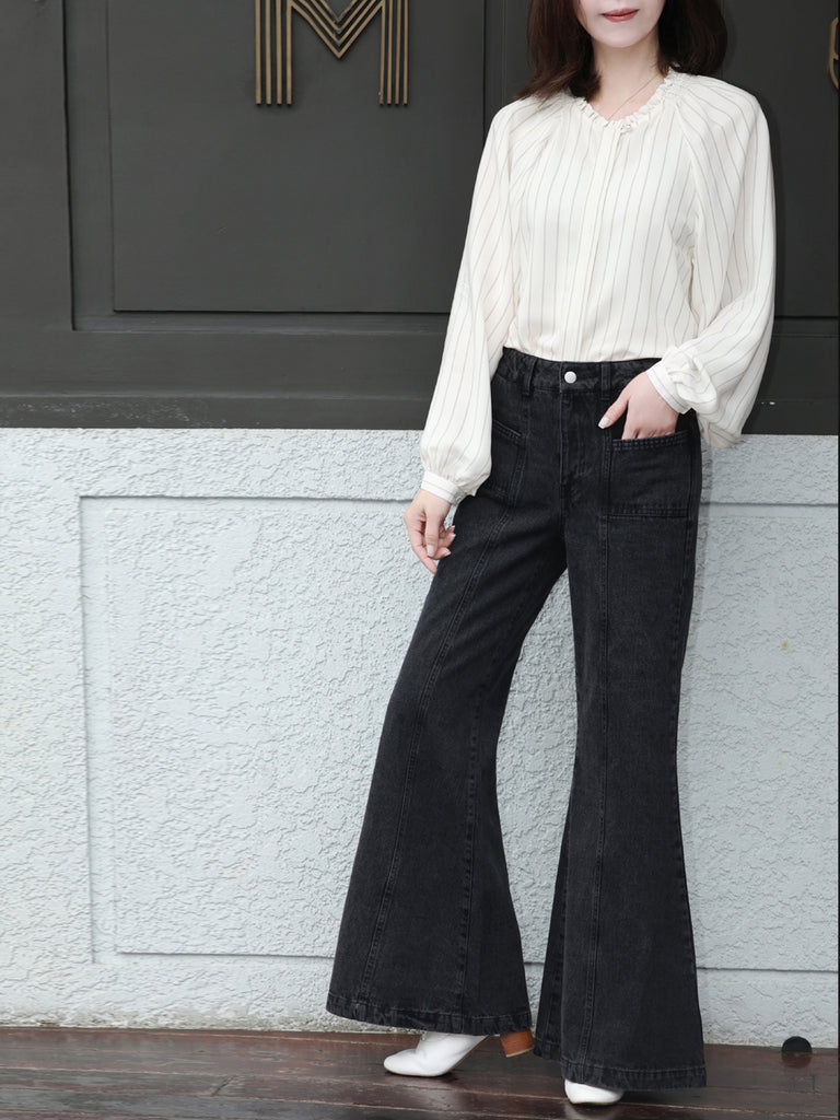 Washed Black Seam Detailed Trumpet Jeans