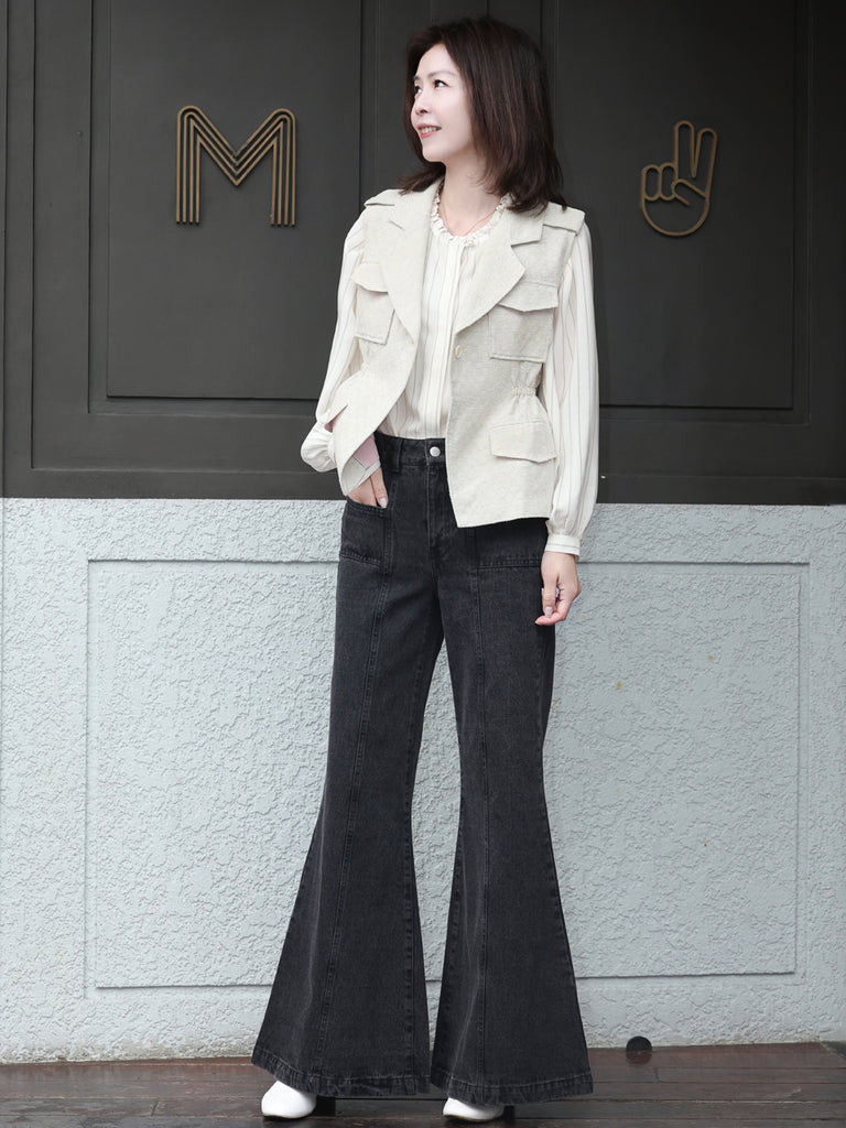 Washed Black Seam Detailed Trumpet Jeans