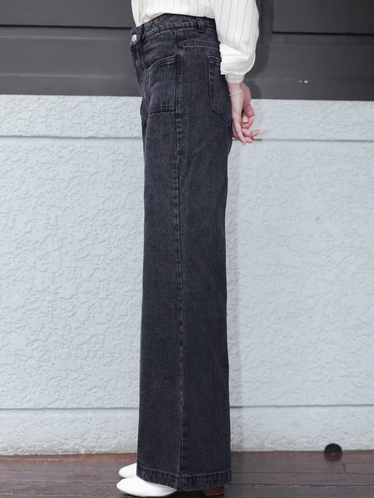 Washed Black Seam Detailed Trumpet Jeans