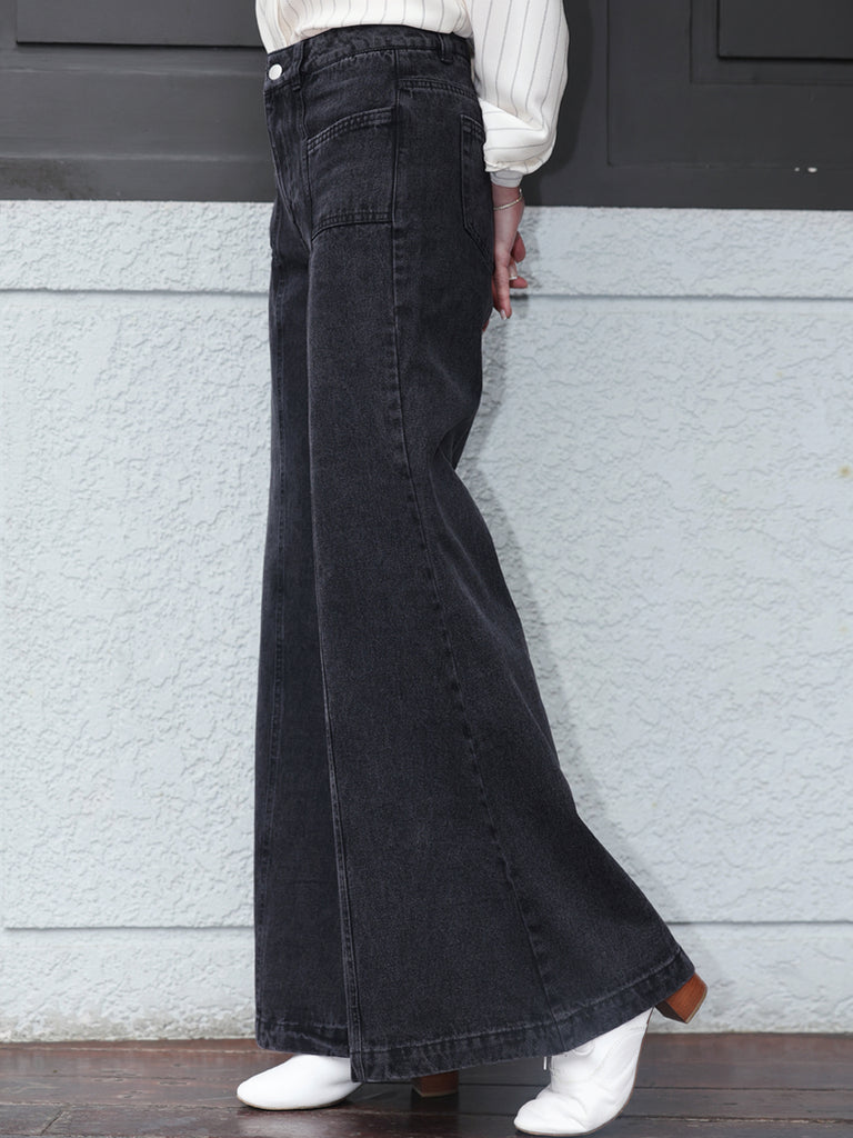 Washed Black Seam Detailed Trumpet Jeans