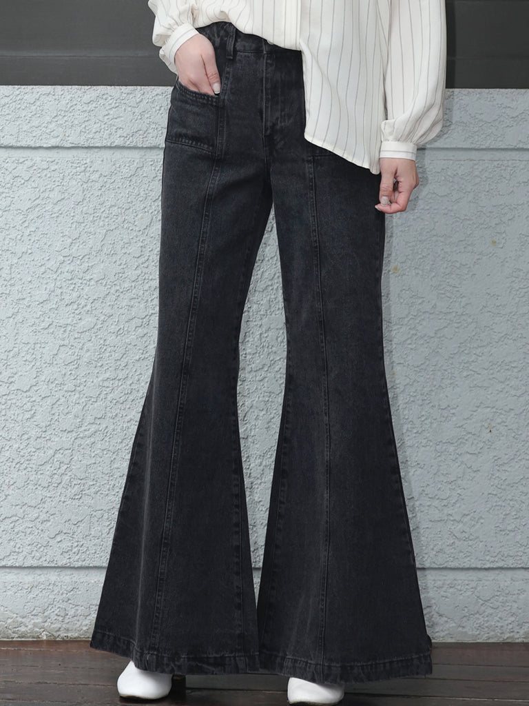 Washed Black Seam Detailed Trumpet Jeans