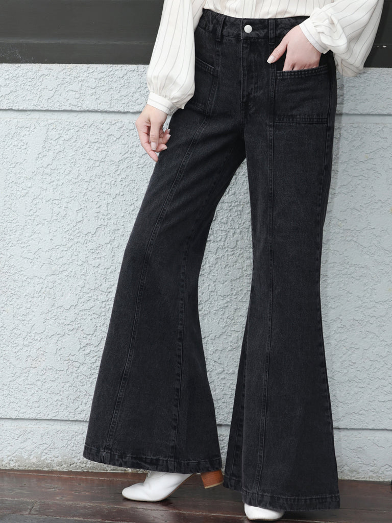Washed Black Seam Detailed Trumpet Jeans