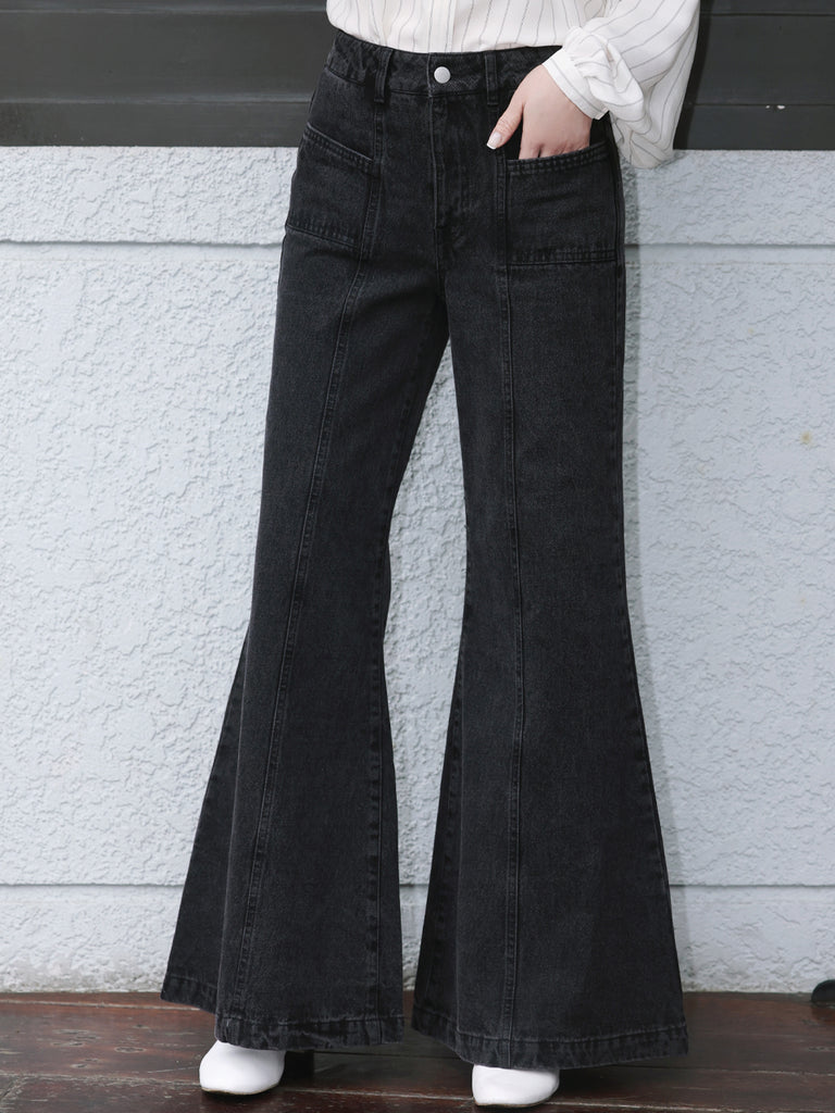 Washed Black Seam Detailed Trumpet Jeans