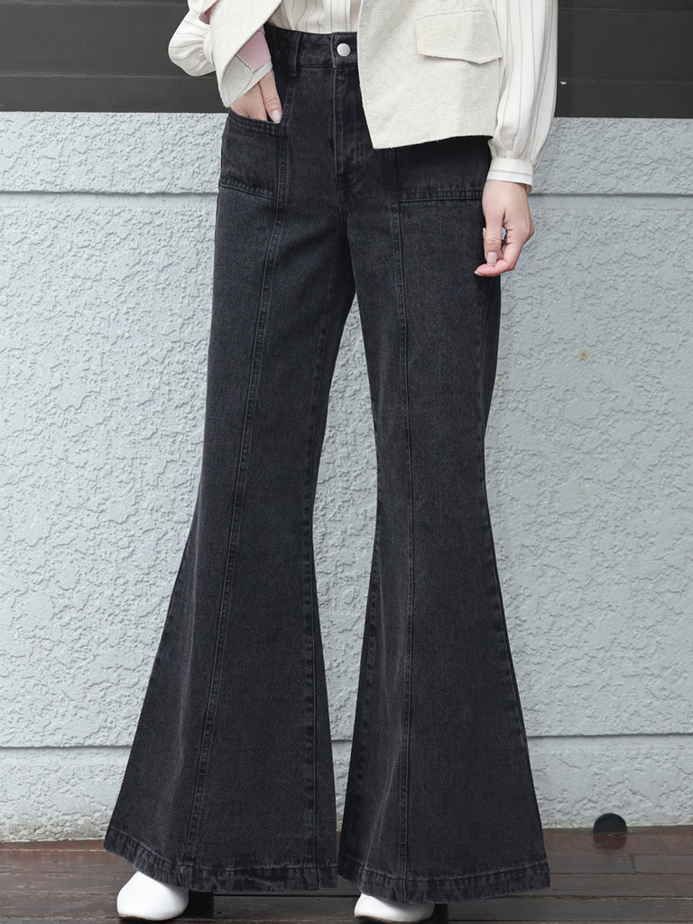Washed Black Seam Detailed Trumpet Jeans