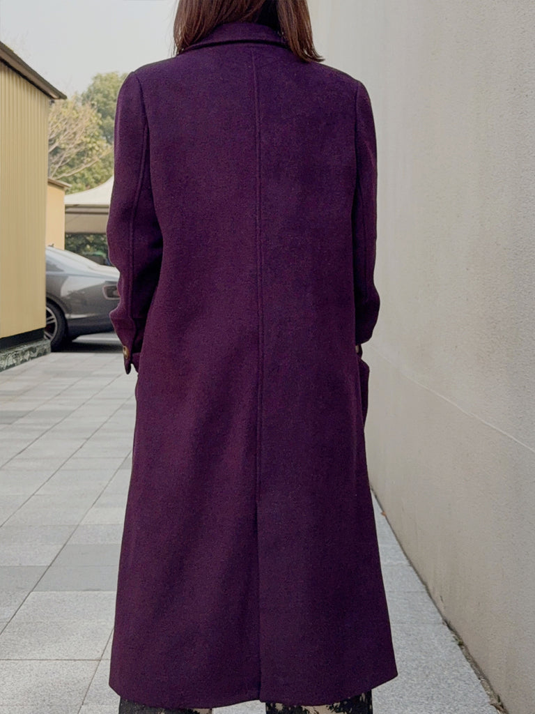 Beloved Purple Handy Pockets Right-Fit Pure Wool Long Coat