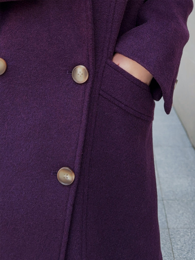 Beloved Purple Handy Pockets Right-Fit Pure Wool Long Coat