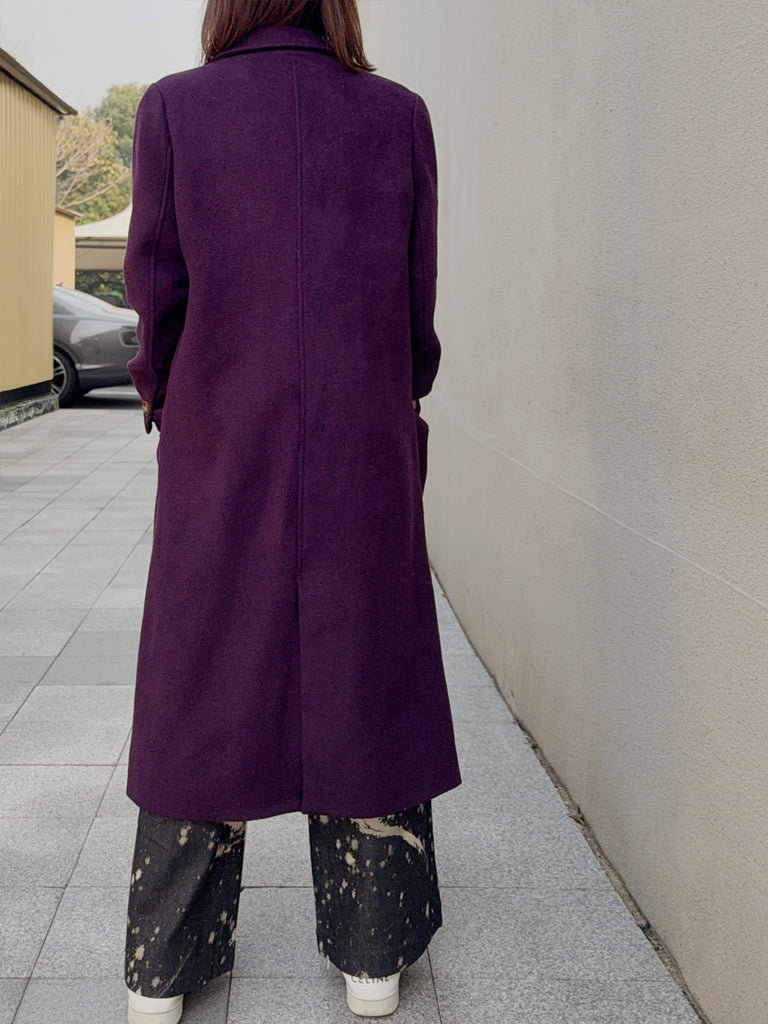 Beloved Purple Handy Pockets Right-Fit Pure Wool Long Coat