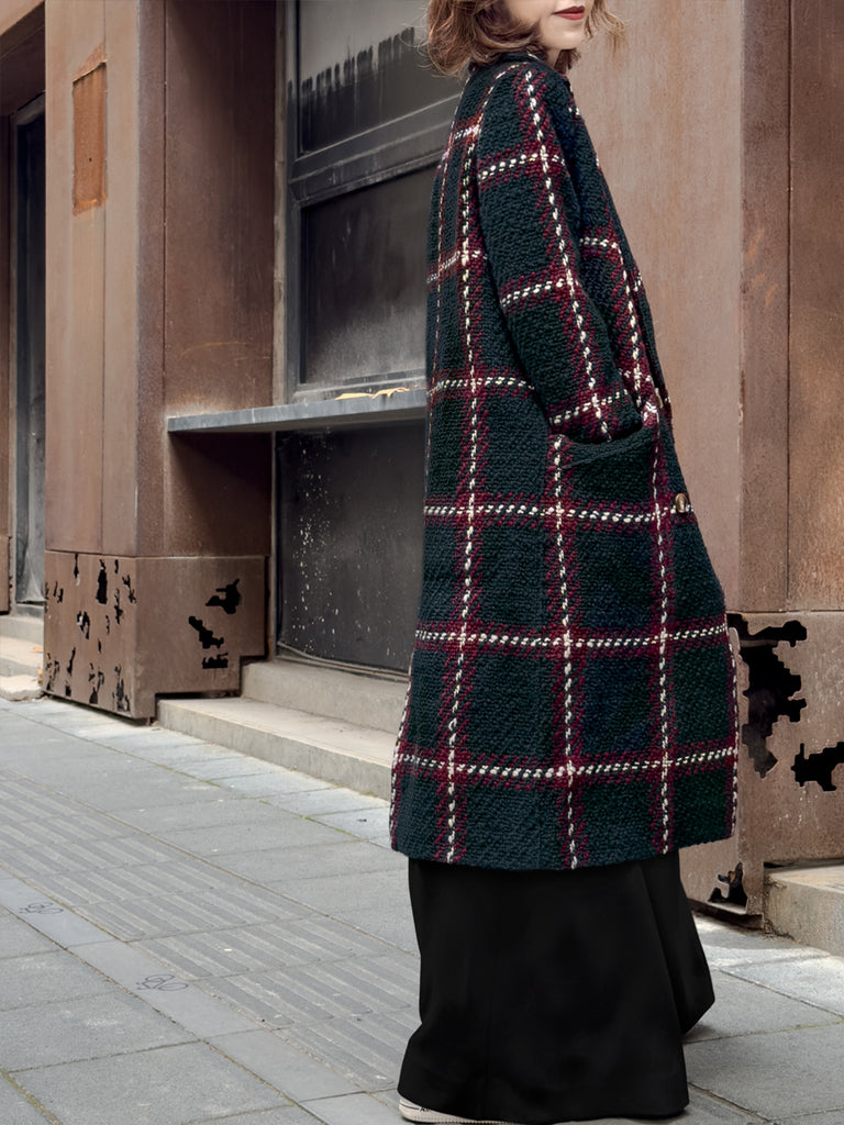 Checked Tweed Handy Pockets Right-Fit Wool Blend Long Coat