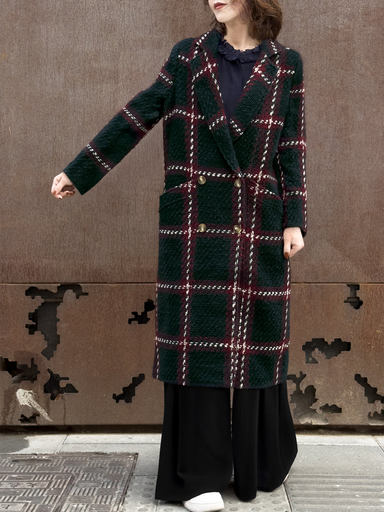 Checked Tweed Handy Pockets Right-Fit Wool Blend Long Coat