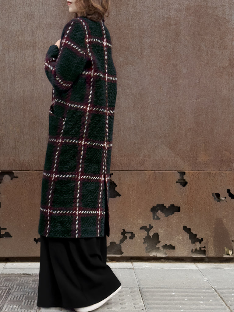 Checked Tweed Handy Pockets Right-Fit Wool Blend Long Coat