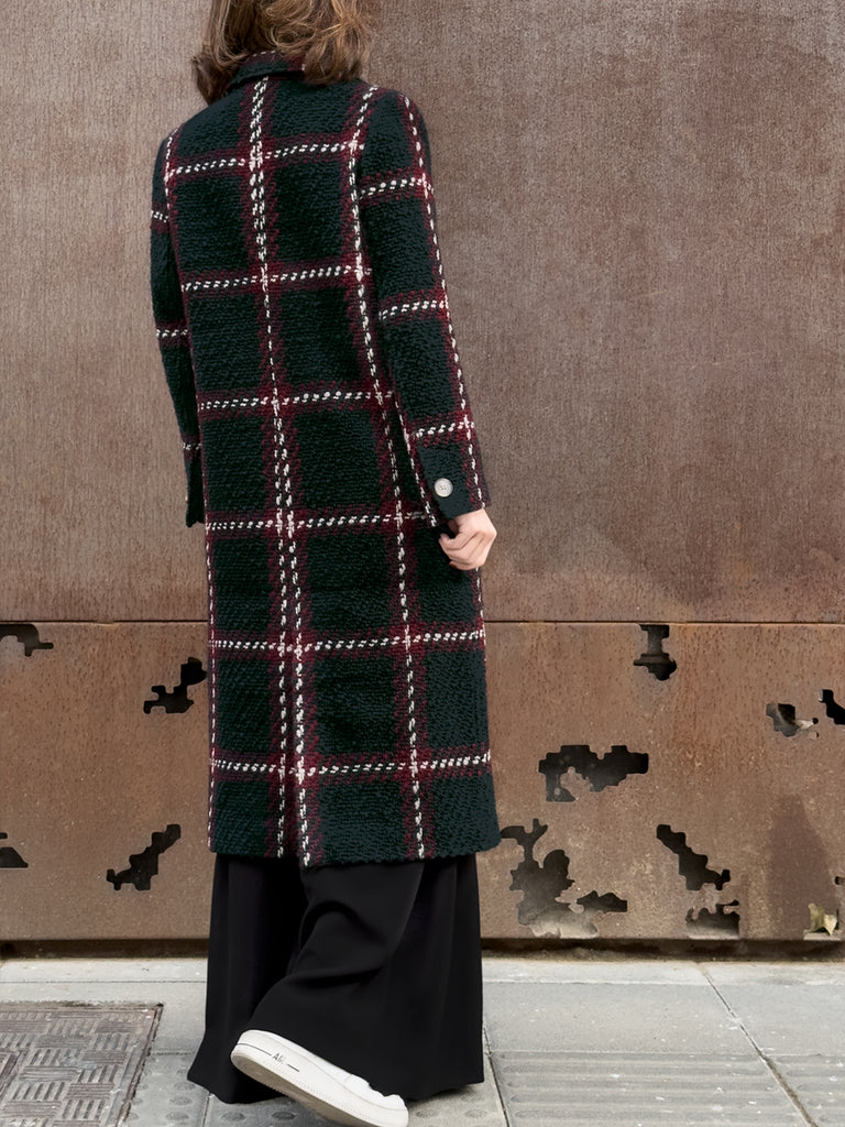 Checked Tweed Handy Pockets Right-Fit Wool Blend Long Coat