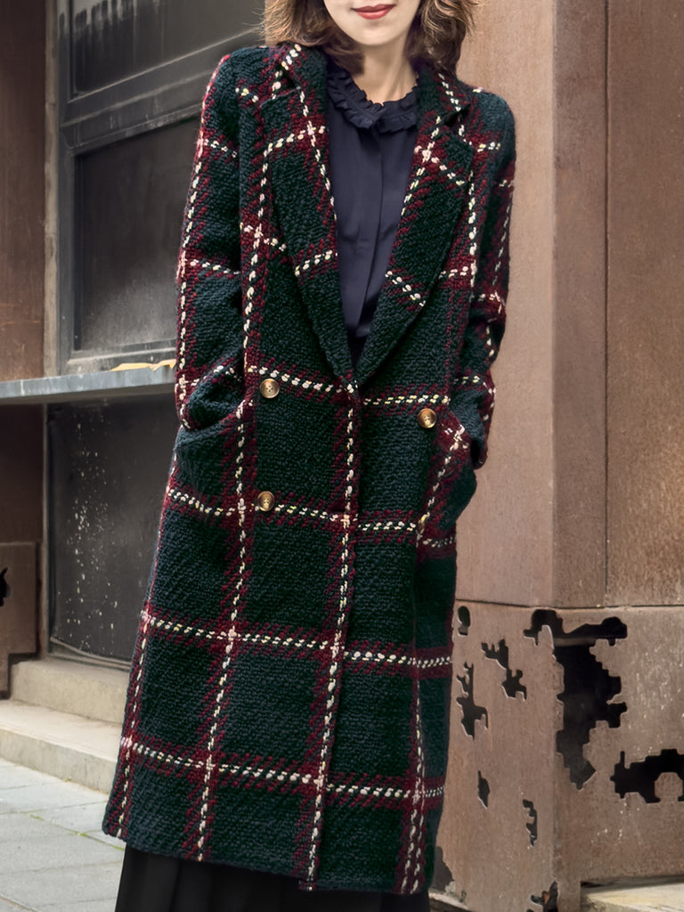 Checked Tweed Handy Pockets Right-Fit Wool Blend Long Coat