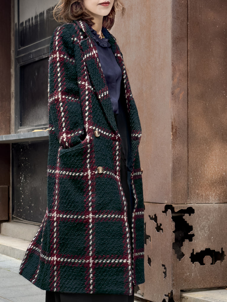 Checked Tweed Handy Pockets Right-Fit Wool Blend Long Coat