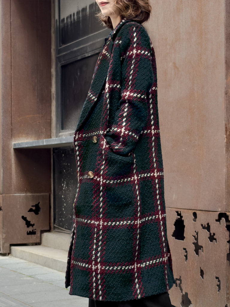 Checked Tweed Handy Pockets Right-Fit Wool Blend Long Coat