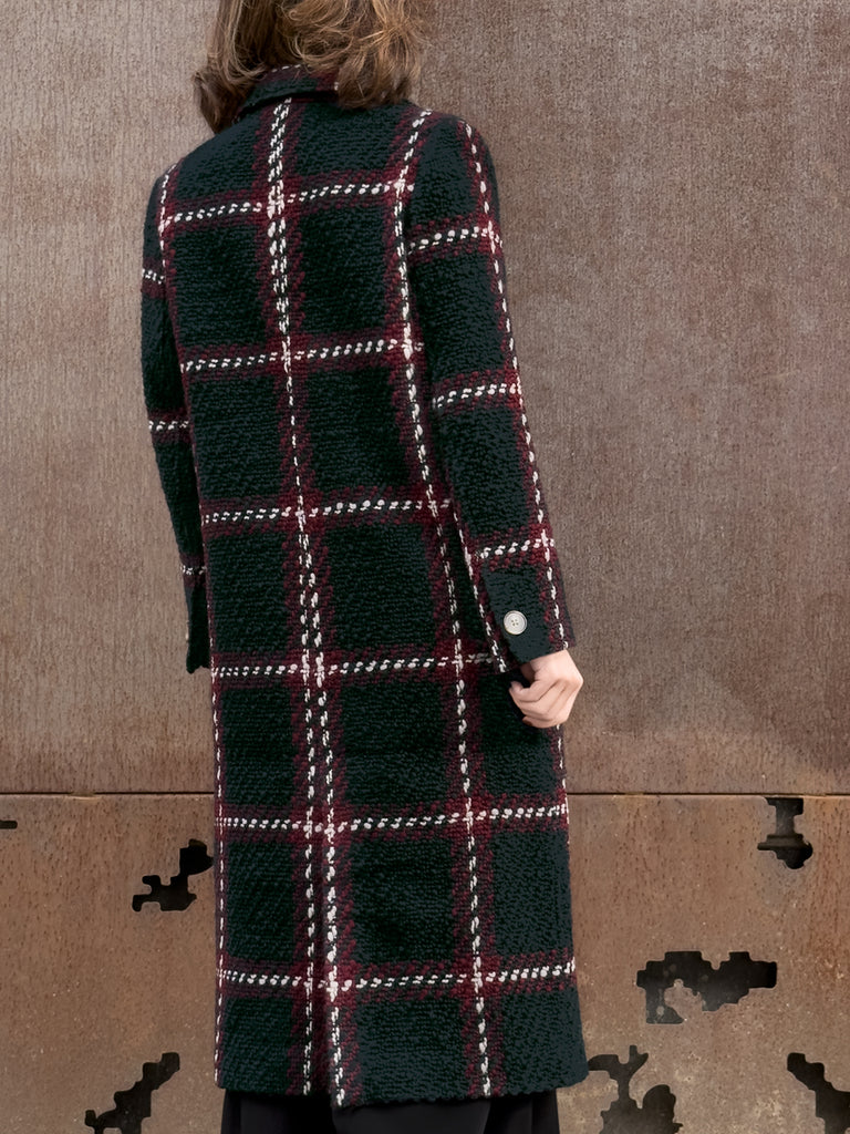 Checked Tweed Handy Pockets Right-Fit Wool Blend Long Coat