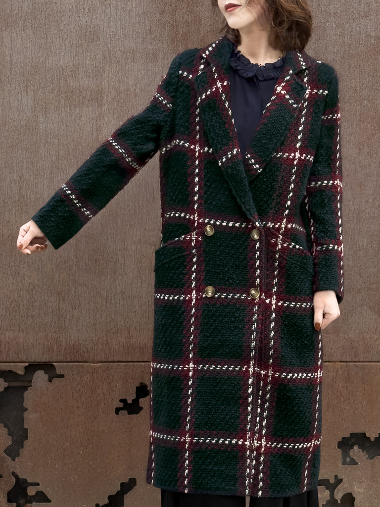 Checked Tweed Handy Pockets Right-Fit Wool Blend Long Coat