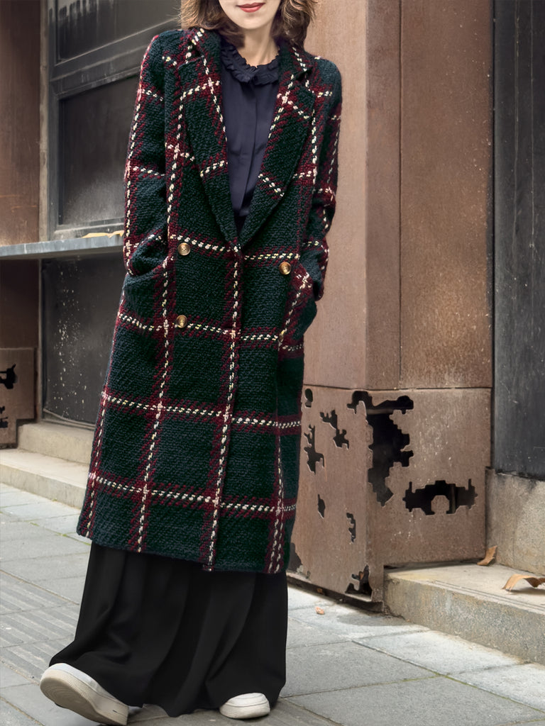 Checked Tweed Handy Pockets Right-Fit Wool Blend Long Coat