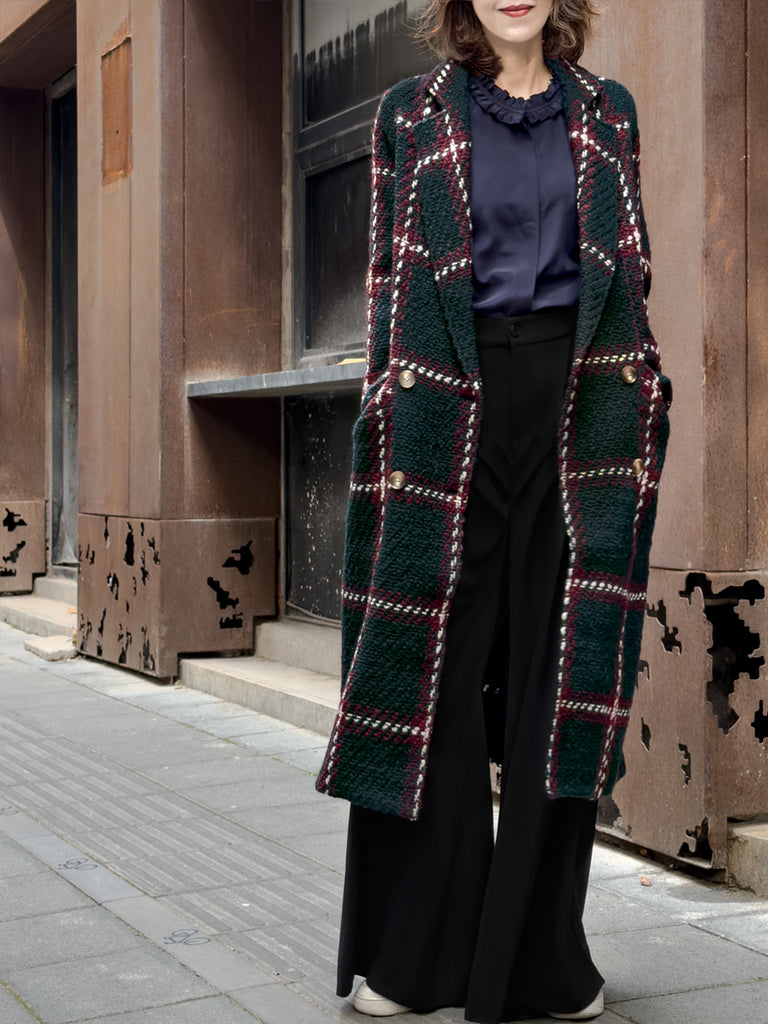 Checked Tweed Handy Pockets Right-Fit Wool Blend Long Coat
