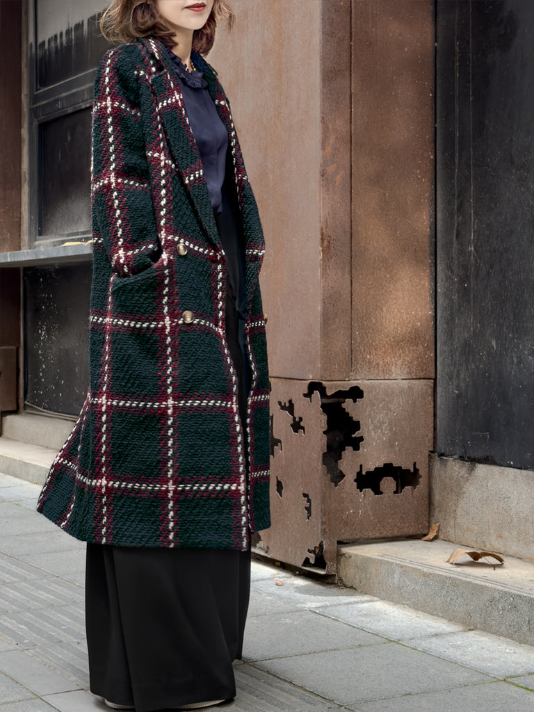 Checked Tweed Handy Pockets Right-Fit Wool Blend Long Coat