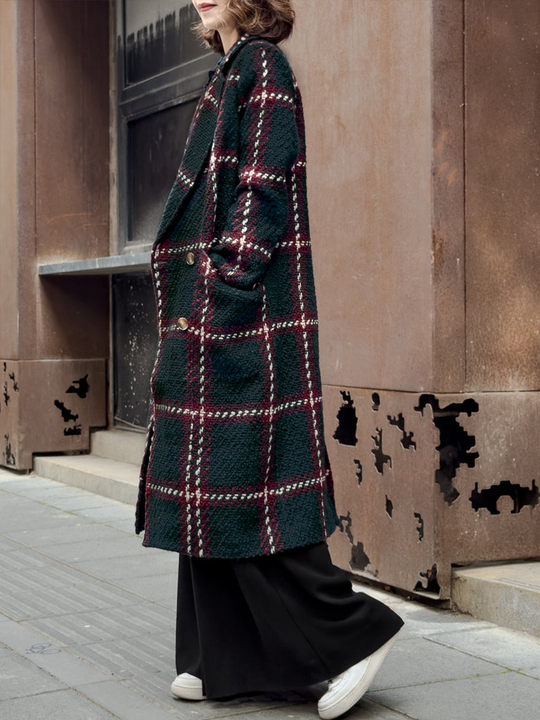 Checked Tweed Handy Pockets Right-Fit Wool Blend Long Coat