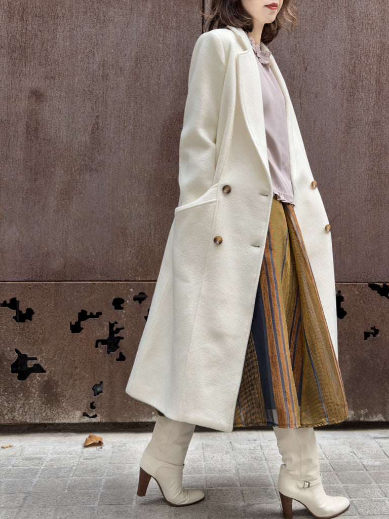 Creamy White Handy Pockets Right-Fit Pure Wool Long Coat