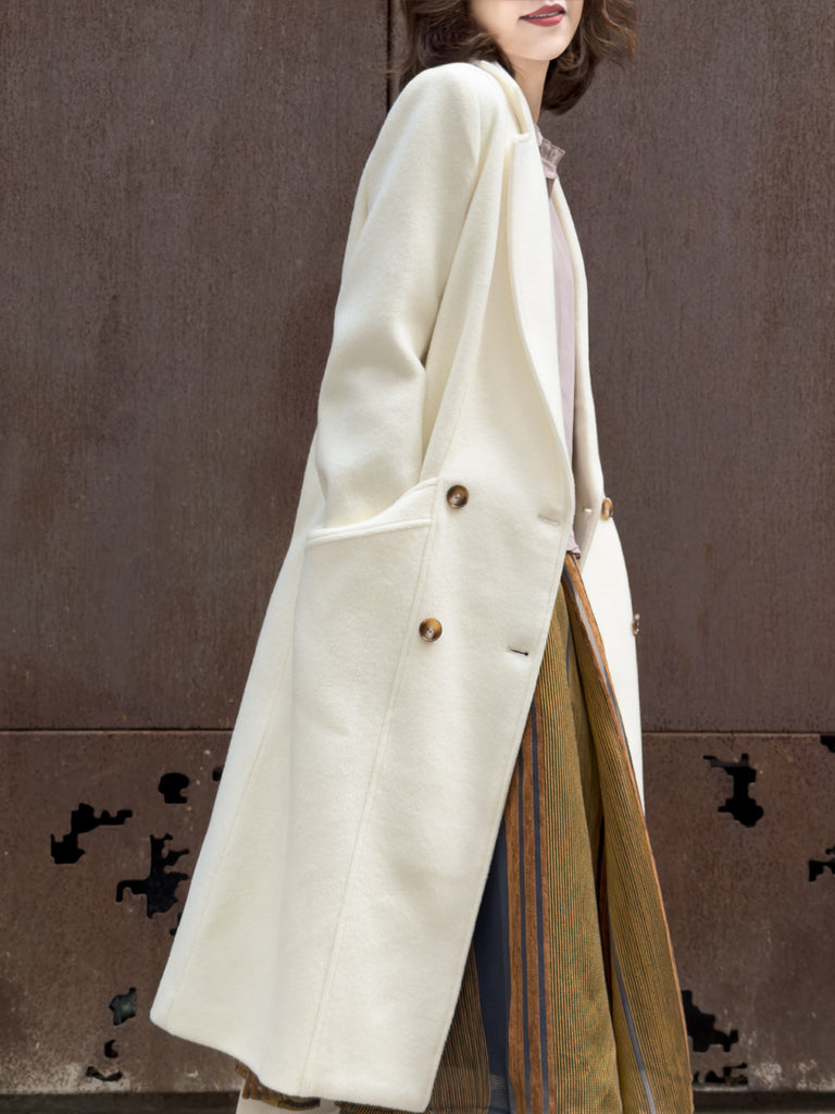 Creamy White Handy Pockets Right-Fit Pure Wool Long Coat