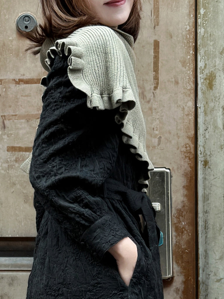 Misty Sage Ruffle Trims High Neck Knitted Cape Warmer