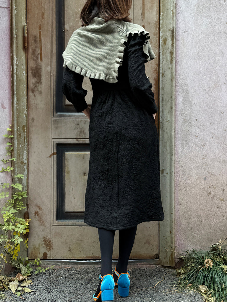 Misty Sage Ruffle Trims High Neck Knitted Cape Warmer