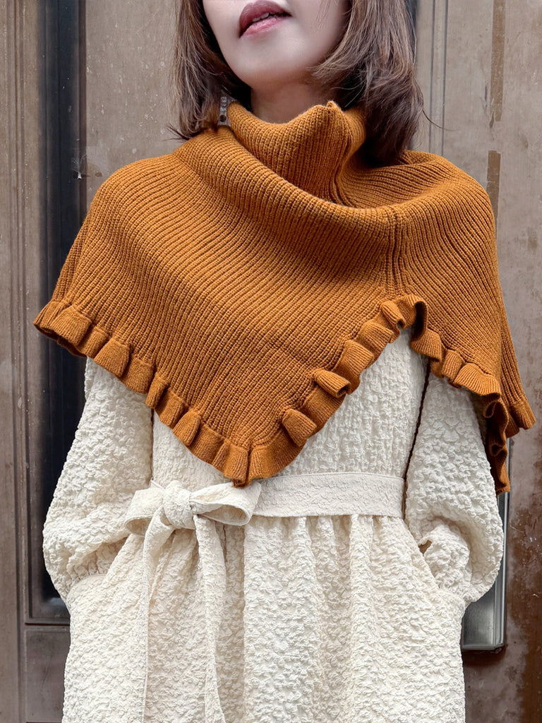 Toffee Caramel Ruffle Trims High Neck Knitted Cape Warmer