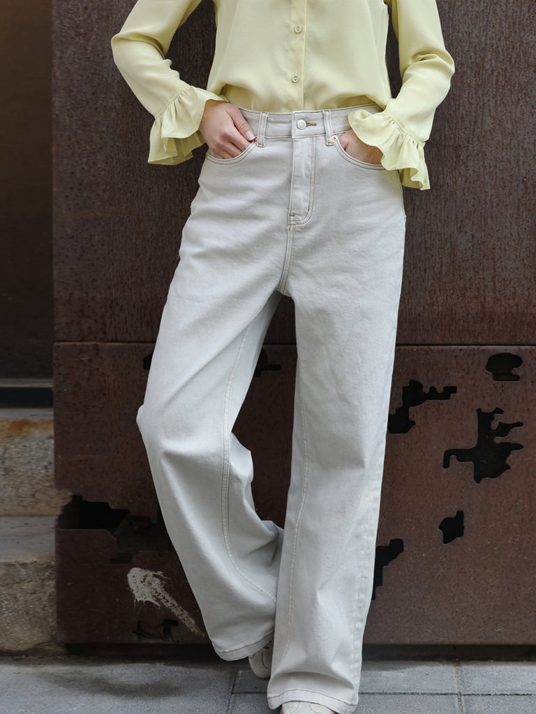 Oyster Grey White Wash Contrasting Stitches Straight Leg Jeans