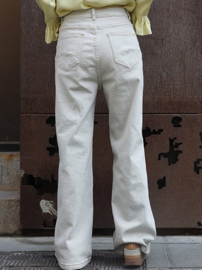 Oyster Grey White Wash Contrasting Stitches Straight Leg Jeans