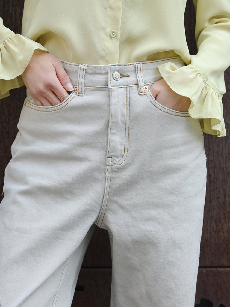 Oyster Grey White Wash Contrasting Stitches Straight Leg Jeans