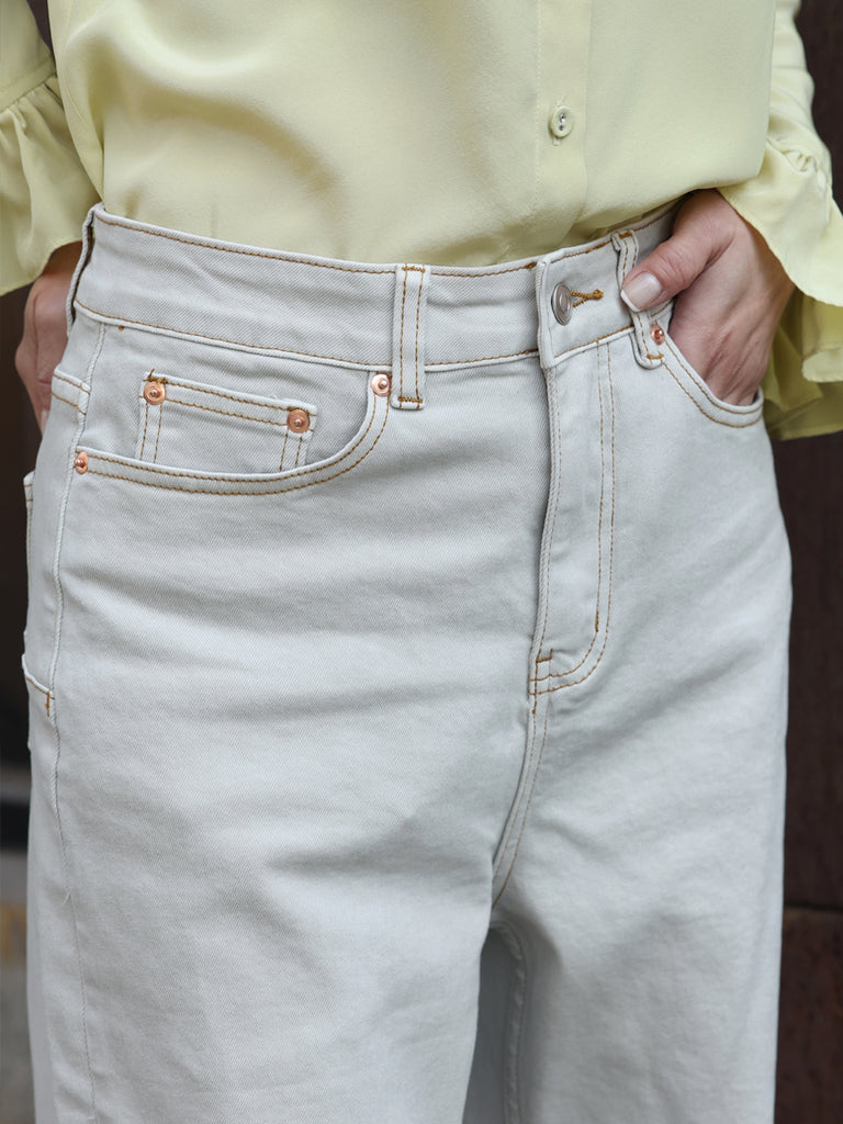 Oyster Grey White Wash Contrasting Stitches Straight Leg Jeans