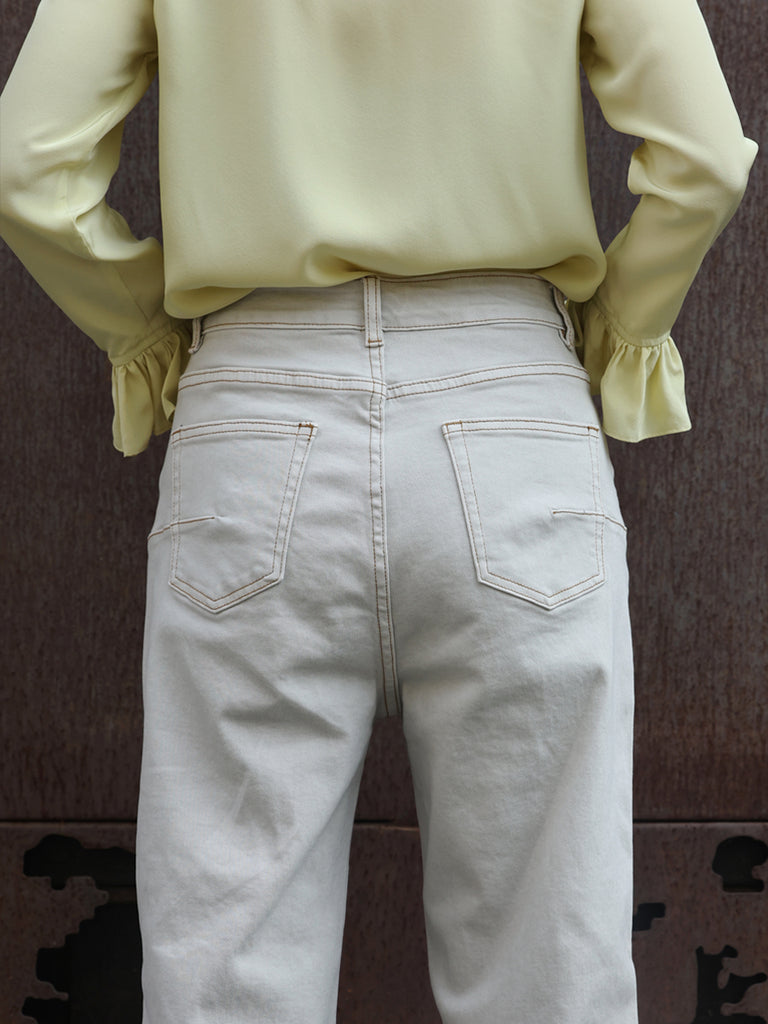 Oyster Grey White Wash Contrasting Stitches Straight Leg Jeans