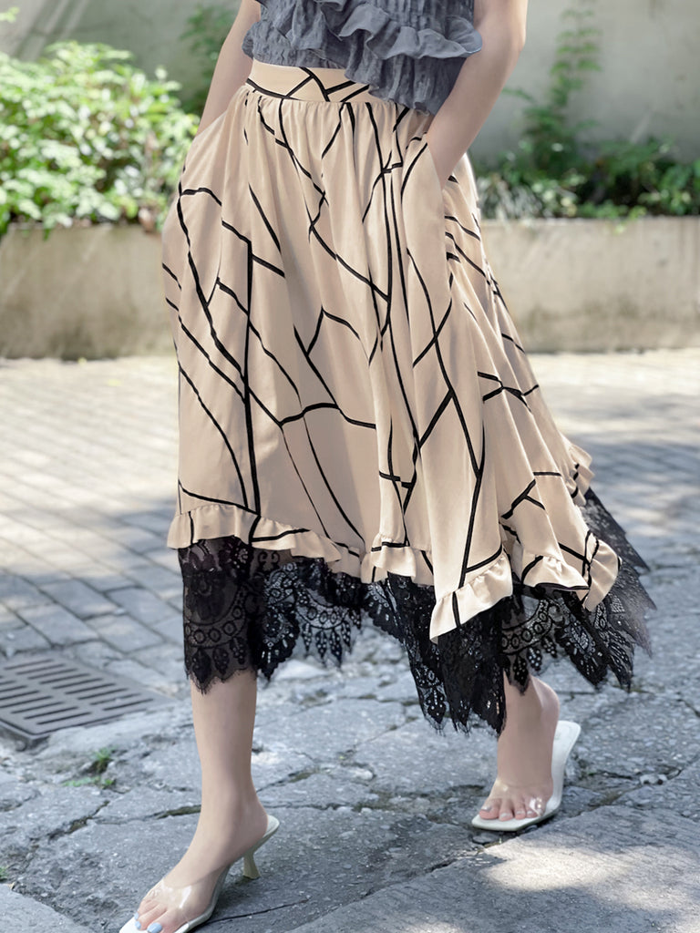 驚喜促銷!印花不對稱蕾絲邊飄逸中長裙