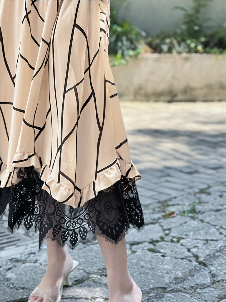 驚喜促銷!印花不對稱蕾絲邊飄逸中長裙