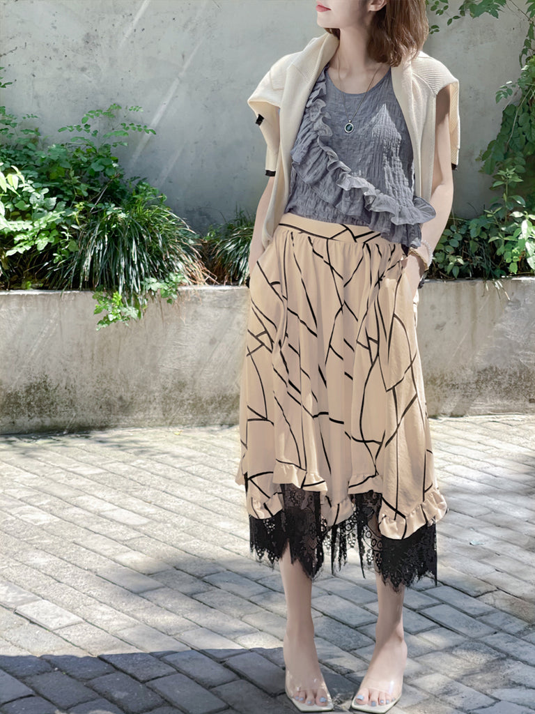 驚喜促銷!印花不對稱蕾絲邊飄逸中長裙