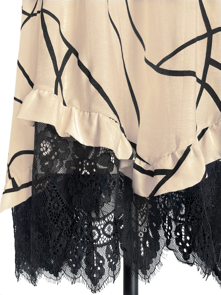 驚喜促銷!印花不對稱蕾絲邊飄逸中長裙