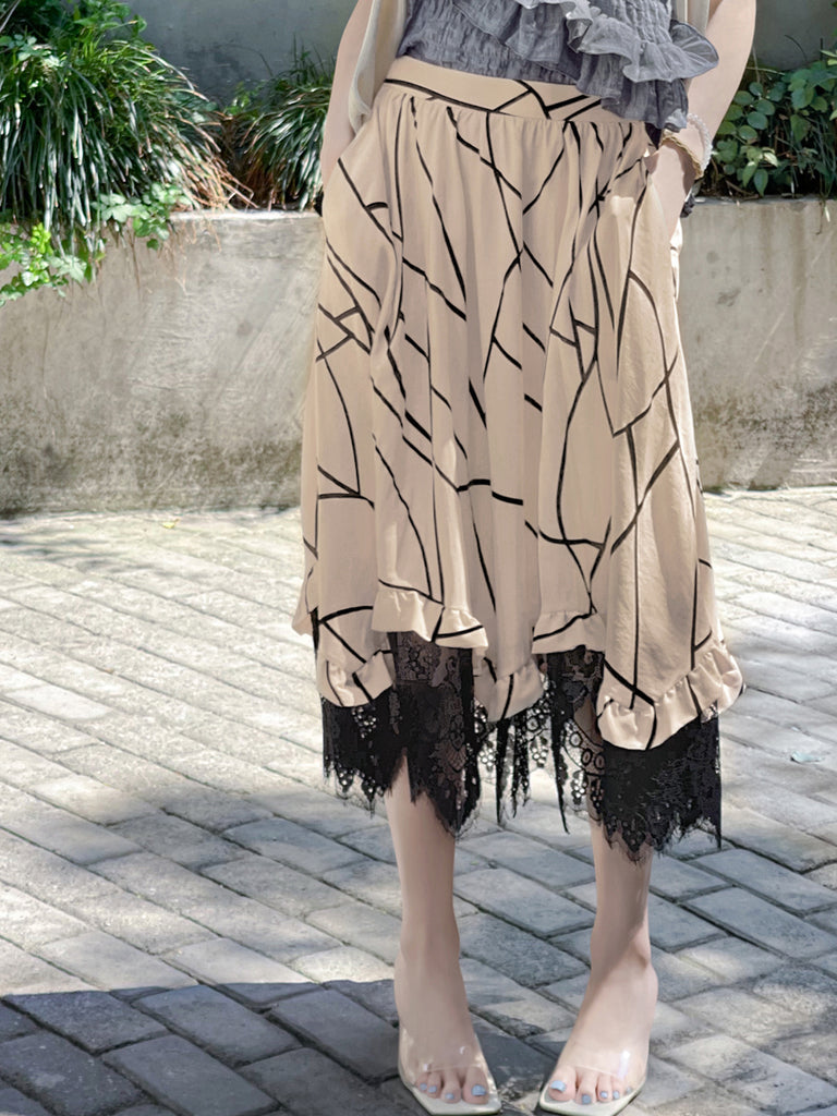 驚喜促銷!印花不對稱蕾絲邊飄逸中長裙