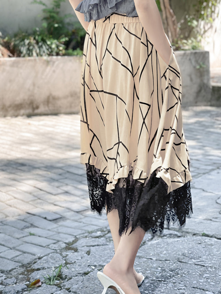 驚喜促銷!印花不對稱蕾絲邊飄逸中長裙