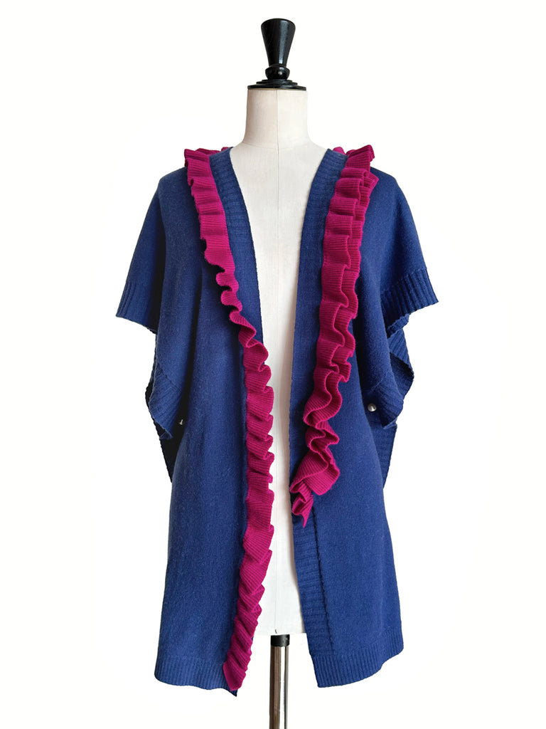 Surprise Sale! Blue/ Fuchsia Asymmetric Ruffles Luxuries Wool Ruana - Scarf