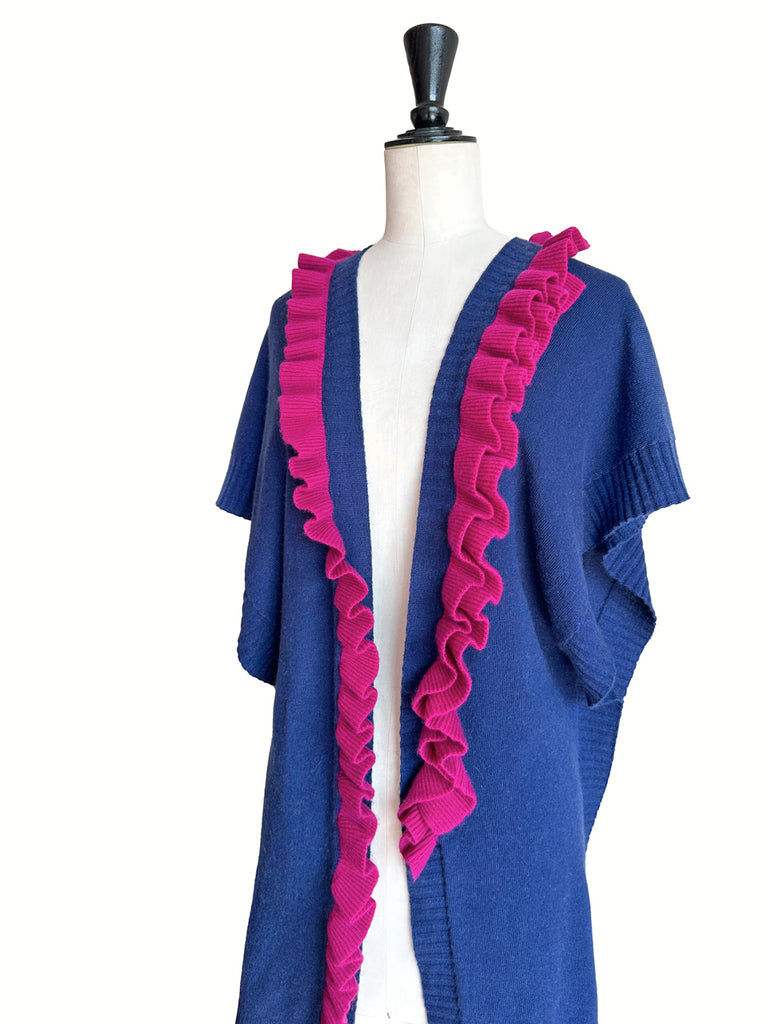 Surprise Sale! Blue/ Fuchsia Asymmetric Ruffles Luxuries Wool Ruana - Scarf