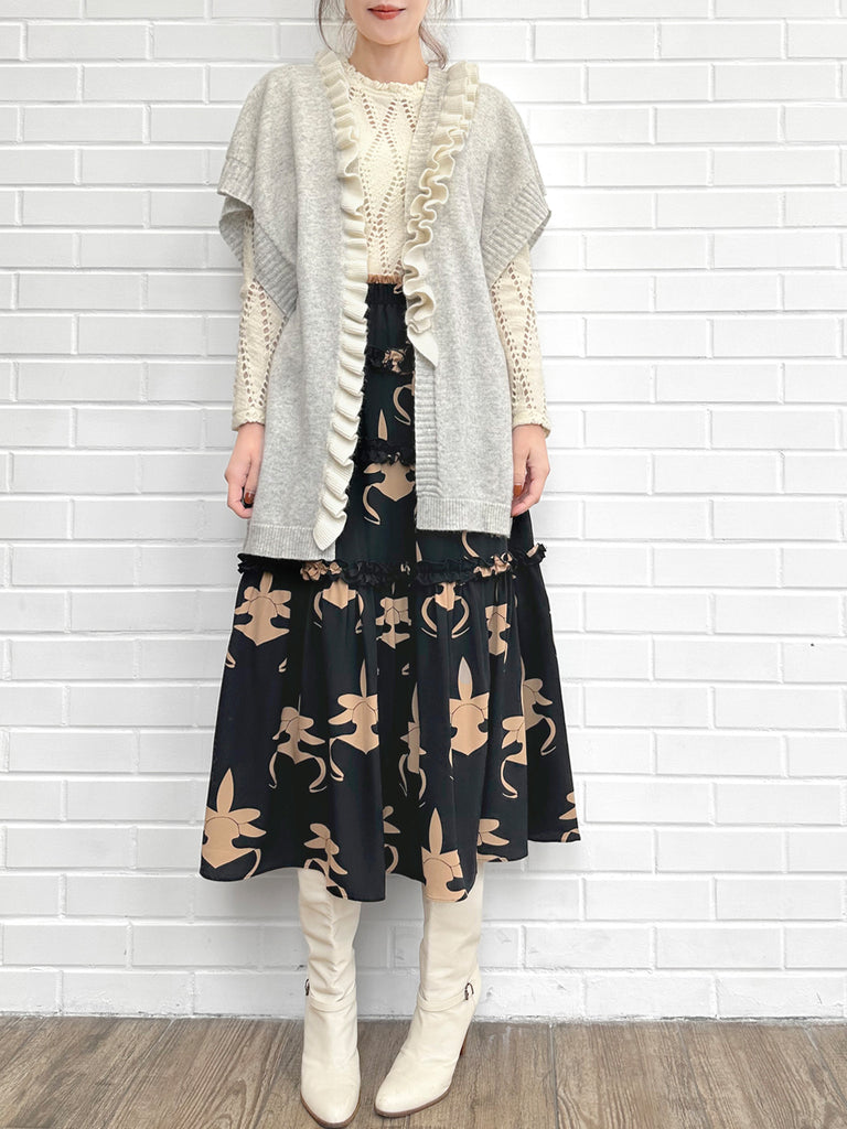 灰色/象牙色不對稱荷葉邊奢華羊毛 Ruana - 圍巾