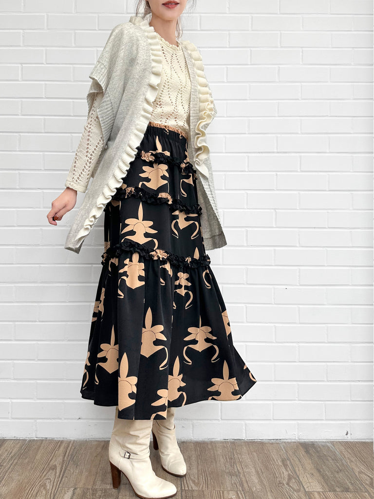 灰色/象牙色不對稱荷葉邊奢華羊毛 Ruana - 圍巾