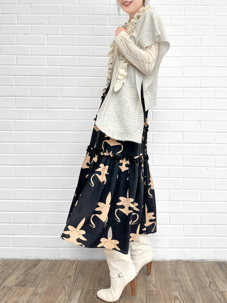 灰色/象牙色不對稱荷葉邊奢華羊毛 Ruana - 圍巾