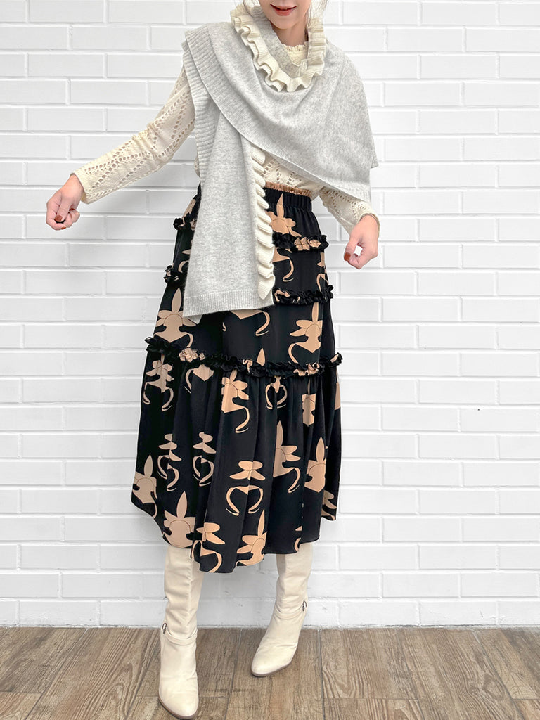 灰色/象牙色不對稱荷葉邊奢華羊毛 Ruana - 圍巾