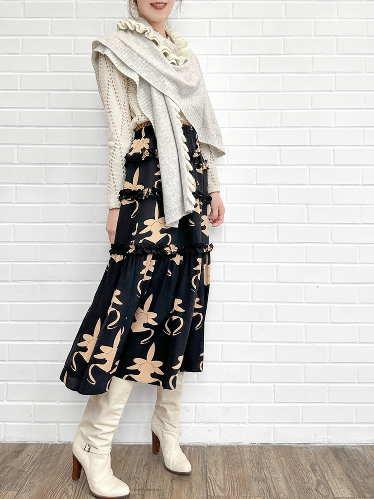 灰色/象牙色不對稱荷葉邊奢華羊毛 Ruana - 圍巾